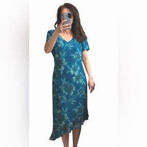 Norton McNaughton Teal Silk Floral Asymmetrical Maxi Dress w/ Ruffles at bottom.
